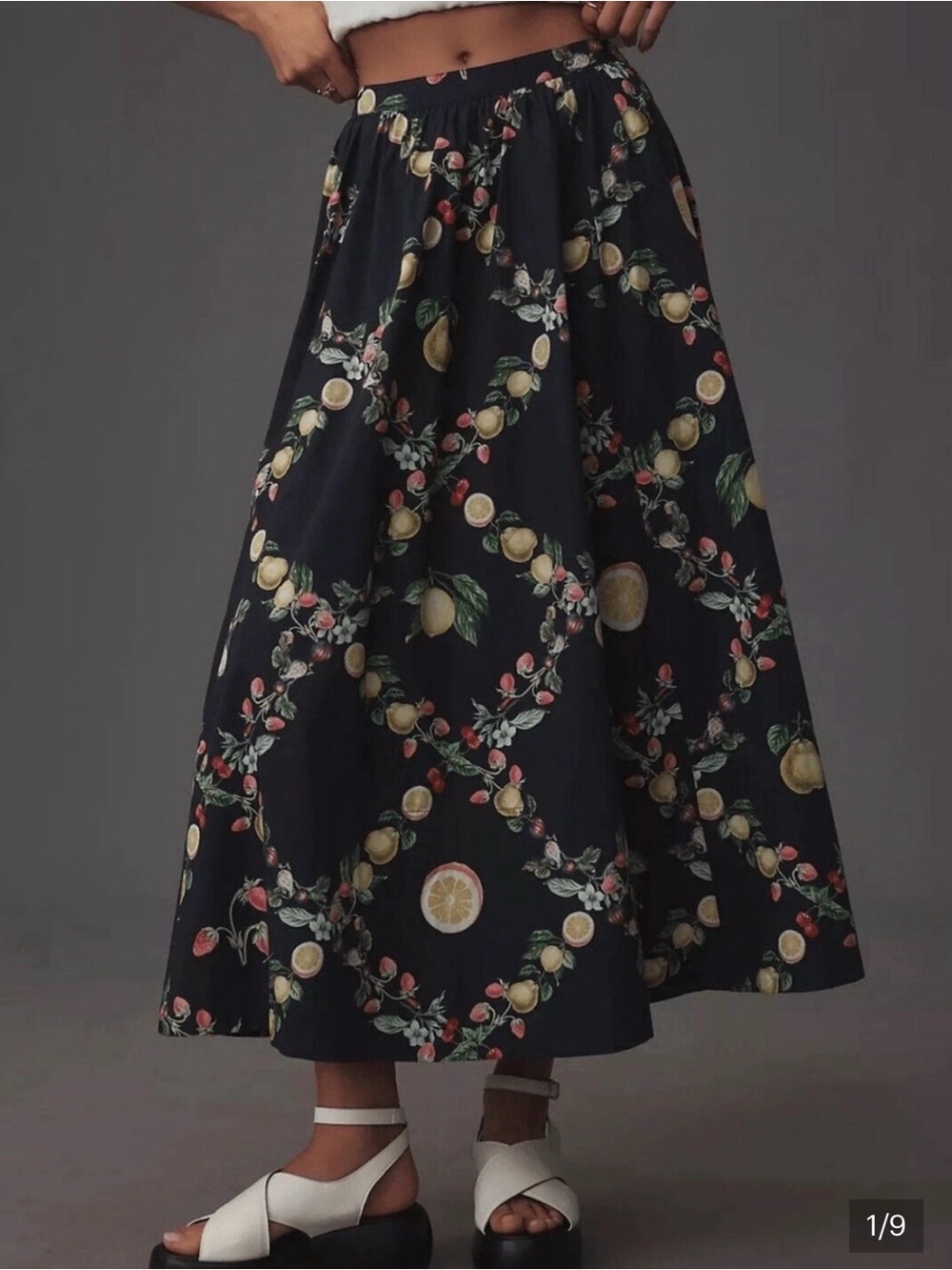 Maeve Navy Midi Skirt with Lemon & Floral Print